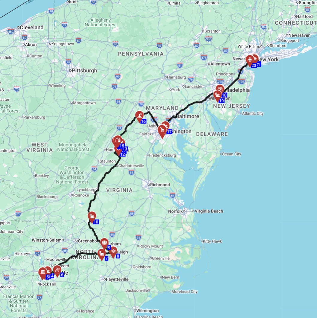 Map for השכרת קרוואן בארהב ותכנון מסלול טיול קרוואנים משארלוט לניו יורק